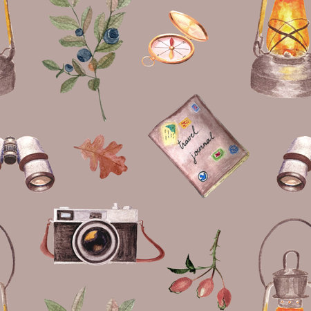 Camera, binocular, compass plants watercolor flat seamless pattern on cocoaの写真素材