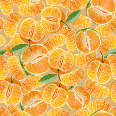Orange tangerine and mandarine watercolor seamless pattern on beige background, hand drawn for food design. Great for packages, wrapping paper, posters, cafe menu, organic food ads, textileの写真素材