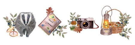 Badger, camera, diary, compass and lantern with autumn forest elements watercolor border isolated on white. Hand drawn high quality art in flat style for woodland kids designs, textile, tape, stickersの写真素材