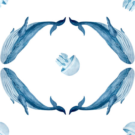 Blue whale jellyfish seamless pattern hand-drawn in watercolor isolated on white. High quality monochromatic art for notebooks, posters, wallpaper, wrapping paper, eco, tourism, room decor and designの写真素材