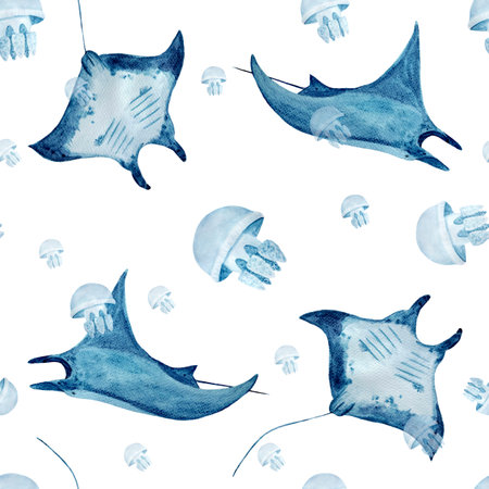 Manta ray and jellyfish watercolor seamless pattern on white. High quality hand-drawn monochromatic illustration for notebooks, posters, wallpaper, textile, beach towel, wrapping paper and room decorの写真素材