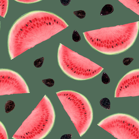 Watermelon juicy slices with black seeds. Watercolor seamless pattern on green background, high...