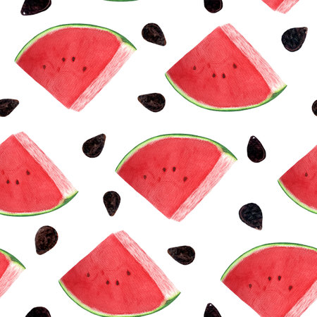 Watermelon juicy slices with black seeds. Watercolor seamless pattern isolated on white background,...