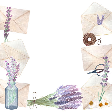 Envelopes, lavender flowers, scissors, jute rope frame isolated on white. Hand painted in watercolor. High quality stationary textured art great for cards, posters, packages, herbal production, notebooksの写真素材