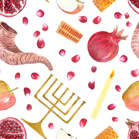 Rosh Hashanah, Yom Kippur, Hanukkah hand painted watercolor seamless pattern isolated on white. Perfect for wrapping paper, packaging. Jewish tradition clip art. Shofar, apple, pomegranate, menorahの写真素材