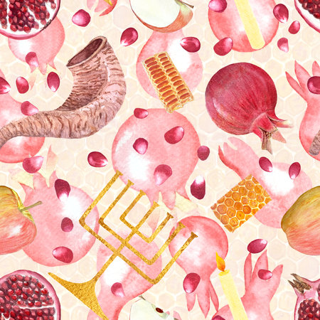 Rosh Hashanah, Yom Kippur hand painted watercolor seamless pattern on honeycomb background. Shofar, apple, pomegranate, menorah high quality design elements for wrapping paper, textile, packagingの写真素材