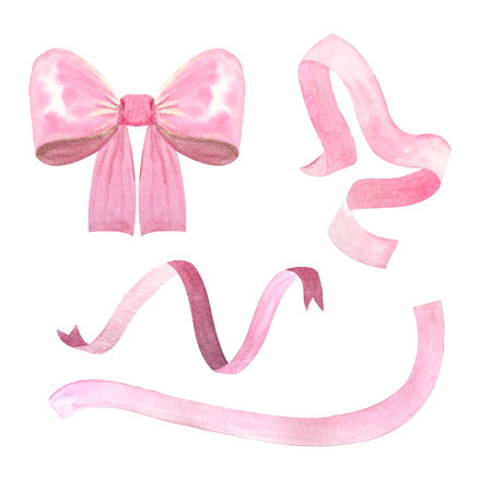 A satin bow, a pink colored ribbon, watercolor illustration set isolated on white. Hand drawn design element perfect for logotype, labels, websites, cards, posters, frames, mother day decorの写真素材