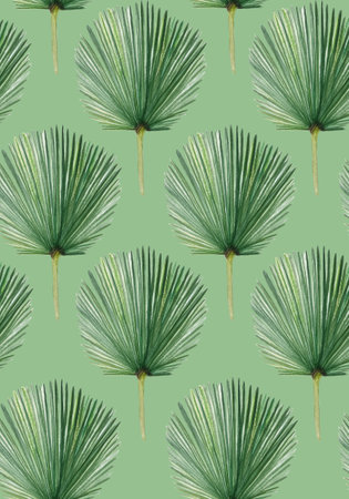 Palm leaf hand painted watercolor seamless pattern, light green background. High quality image...