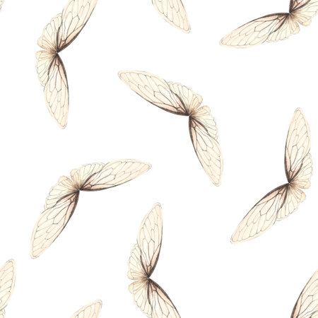 Insect wings hand painted watercolor square seamless pattern isolated on white. High quality illustration perfect for scrapbooking, bed linens, textile, stationary. Delicate creamy color clip artの写真素材