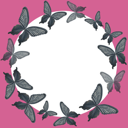 Black butterfly hand painted pink watercolor round frame isolated on white. High quality illustration perfect for scrapbooking, posters, cards, stickers, stationary design.の写真素材