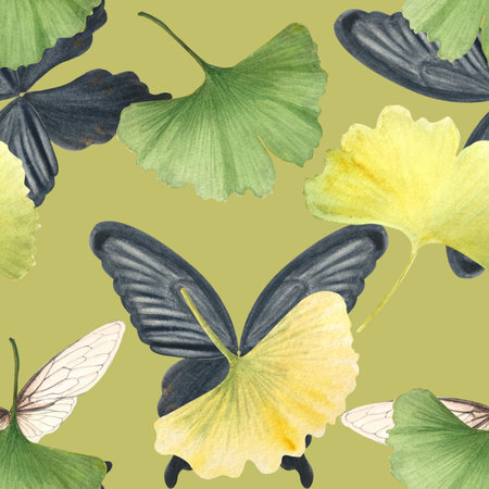 Ginkgo leaves, black Swallowtail butterfly, creamy insect wings seamless pattern on green background. Hand-painted detailed watercolor perfect for textile, scrapbook, wrapping paper, packages designsの写真素材
