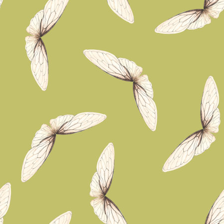Insect wings hand painted watercolor square seamless pattern on celery green background. High quality art perfect for scrapbooking, bed linens, textile, packaging, stationary. Delicate clip artの写真素材
