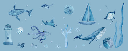 Sea life watercolor hand-drawn blue monochromatic border. High quality images of whales, manta ray, shells, starfish, jellyfish, octopus. Great for tape, stickers, textile, stationary designの写真素材