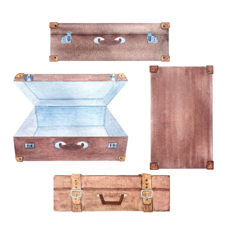 Vintage brown suitcases open and closed watercolor illustration set isolated on white. Hand drawn for stationary, souvenir decor and design, stickers, cards, traveling. Old-fashioned. Vintage clip artの写真素材