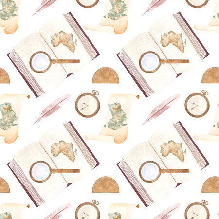 Open book with a map, magnifying glass, pocket watch, parchment watercolor seamless pattern isolated on white. Hand painted for bookstore, geography vintage design, wrapping paperの写真素材
