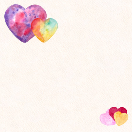 Two big colorful hearts with smaller hearts square frame on textured background. Hand painted watercolor illustration. Perfect St Valentine day, for love cards, posters, preschool, invitation decor designの写真素材