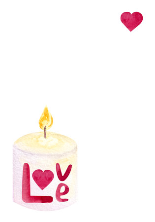White burning candle, hand written red word love becide it and red heart watercolor card isolated on white. Perfect for St Valentine cards, romantic invitations, stickers, stationary decor, packagesの写真素材