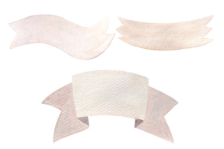 Banner ribbons hand drawn with watercolor. Illustration set, collection of design elements perfect for text and labels, badges, shop sales. Abstract light beige stripes. Decorative design clip artの写真素材