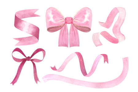 A satin bow, a pink colored ribbon, watercolor illustration set isolated on white. Hand drawn design element perfect for logotype, labels, websites, cards, posters, frames, mother day decorの写真素材