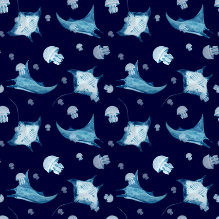 Manta ray and jellyfish watercolor seamless pattern on dark blue. High quality hand-drawn...