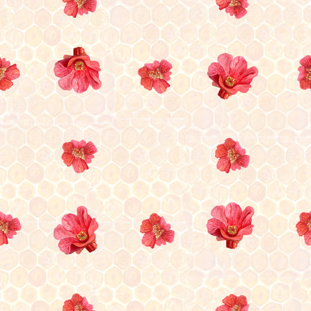 A bright pomegranate flower watercolor seamless check pattern on honey comb background. The hand-painted vibrant artwork perfect for botanical prints, wrapping paper, textile and decor.の写真素材