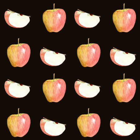 A shiny striped apple whole and a quarter watercolor seamless pattern on black background. Hand-painted art perfect for culinary designs, packages, wrapping paper, harvest themed decorの写真素材