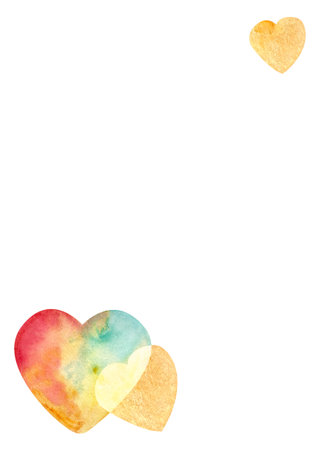 Yellow and rainbow hearts big and small, cuddling vertical frame isolated on white. Hand painted watercolor illustration. Perfect St Valentine day, for love cards, posters, textile, hospital decorの写真素材