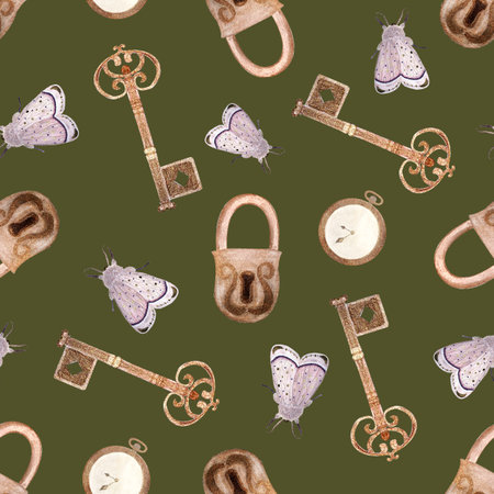 Antique lock with key, pink moth and pocket watch watercolor seamless pattern on green background. Hand painted illustration perfect for wrapping paper, textile, cards, stationary decor. Vintage clipartの写真素材
