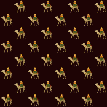 Camel with saddle blanket and treasure chests, gifts, watercolor seamless pattern on black background. Hand painted art for wrapping paper, decoration for true Christmas. Cute minimalistic clip artの写真素材