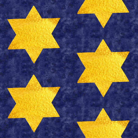 Golden stars on dark blue textured watercolor background. High quality illustration for cards,...