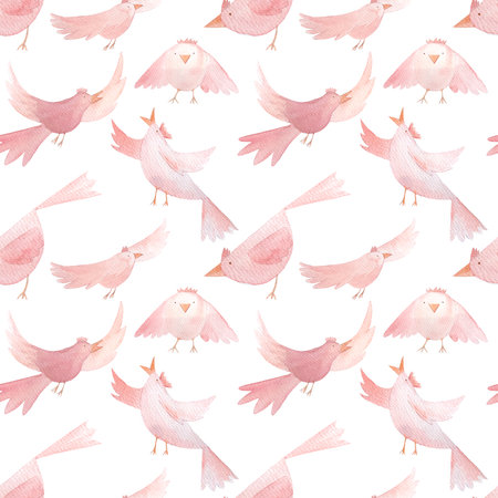 Pink birds flying, singing, cartoon character, hand painted watercolor seamless pattern isolated on white. High quality clip art great for children design, wrapping paper, textile, stationary designの写真素材