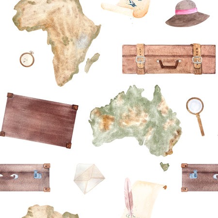 Suitcases, parchment with Australia, Africa map, sun hat, magnifying glass watercolor seamless pattern isolated on white. Hand drawn for stationary, souvenir decor and design, wrapping paper. Vintage Travelの写真素材