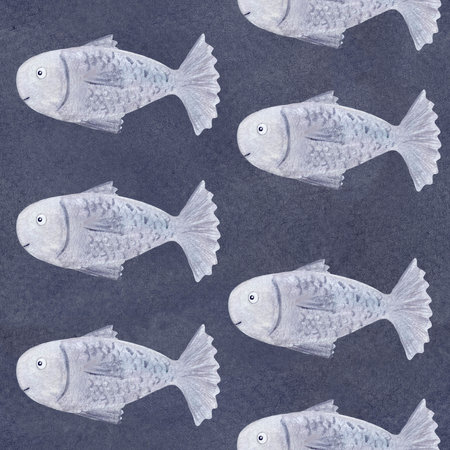 Silver fish seamless pattern on grey background. High quality hand-drawn watercolor pencil flat illustration for notebooks, wrapping paper, fishing, packaging, cards, tourism, logo and decoration designの写真素材
