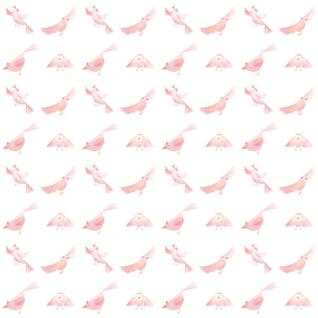 Pink birds flying, singing, looking, cartoon character, hand painted watercolor seamless pattern isolated on white. High quality clip art great for children design, banners, stationary. Monochrome artの写真素材