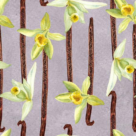 Vanilla bean and flower seamless pattern in watercolor on textured purple background. Hand drawn design elements perfect for spice box, cafe menu, food packaging, wrapping paper, label and logo decorの写真素材