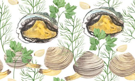 Abalone, clams with dill, parsley and garlic watercolor seamless border isolated on white. High...