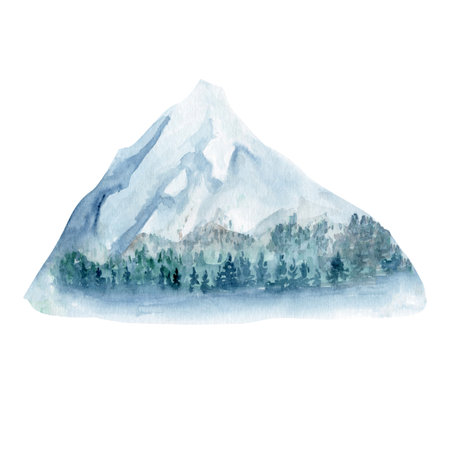 Snowy mountain with spruce trees at the bottom watercolor illustration isolated on white. Hand painted design element perfect for climbing, landscape, travel, hiking products decor, for cards, guidesの写真素材