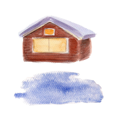 Log house with snow on the roof top and a snow patch isolated on white background. High quality watercolor illustration perfect for cards, as a landscape element. Cute cozy decorative residence clip artの写真素材