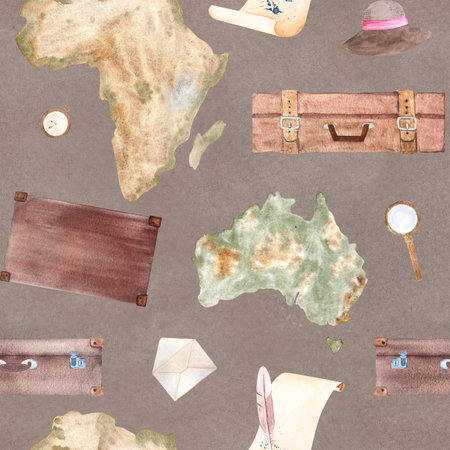 Suitcases, parchment with Australia, Africa map, sun hat, magnifying glass watercolor seamless pattern on taupe background. Hand drawn for stationary, souvenir decor, wrapping paper. Vintage Travelの写真素材