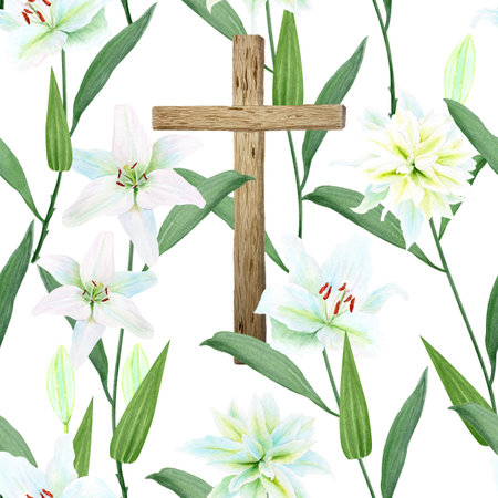 Wooden cross with crown of thorns and white lily watercolor composition isolated on white. Illustration perfect for Easter, Holy Thursday, christening baptism, wedding cards, stickers decor designの写真素材