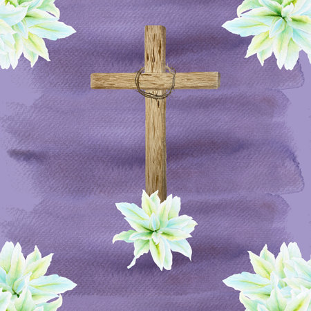 Wooden cross with crown of thorns and white lily watercolor seamless pattern on purple background. Illustration perfect for Easter, Holy Thursday, christening baptism, wrapping paper, decor and designの写真素材