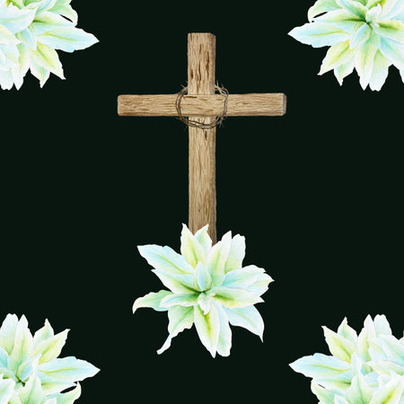 Wooden cross with crown of thorns and white lily watercolor seamless pattern on black background. Illustration perfect for Easter, Holy Thursday, christening baptism, wrapping paper, decor and designの写真素材