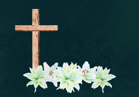 Cross with crown of thorns and white lily garland watercolor composition on dark green background. Illustration perfect for Easter, Holy Thursday, christening baptism, wedding cards invitations designの写真素材