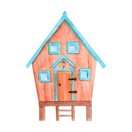 Wooden plank cottage isolated on white background. High quality minimal architecture watercolor illustration perfect for cards, decor, childrens room design. Cute decorative hut. Brown house blue roofの写真素材
