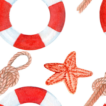 Lifebuoy, reef knot, starfish watercolor seamless pattern isolated on white. Hand painted clip art perfect for wrapping paper, packaging travel, voyage design, advertisements, guides and logo decorの写真素材