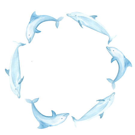 Dolphins watercolor round frame isolated on white. Hand-drawn blue monochromatic clip art perfect for notebooks, posters, cards, dishes, stickers, tote bags, eco, sea tourism, room decor and designの写真素材