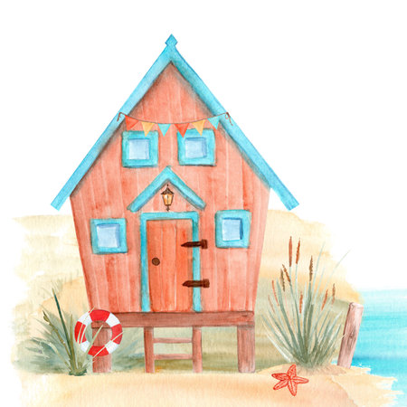 Wooden plank cabin standing on a cliff near sea. High quality minimal architecture watercolor illustration perfect for cards, decor, childrens room design. Cute decorative hut. Brown house blue roofの写真素材