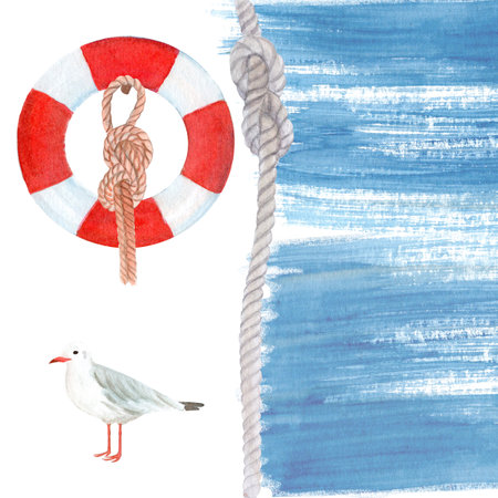 Lifebuoy, nautical rope knots, seagull water surface watercolor set. Hand-painted marine elements perfect for summer design, packaging, websites, posters, or coastal branding projects, as a cardの写真素材
