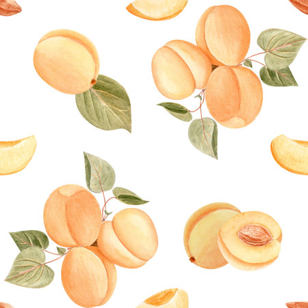 Apricots on a branch with green leaves vintage-style watercolor seamless pattern isolated on white. Perfect for retro-inspired packaging, cosmetics labels, eco branding, summer-themed product designsの写真素材