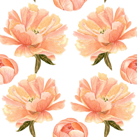Delicate peony flower bud in soft peach watercolor seamless pattern on white. Hand-painted high detail, perfect for wedding invitations, branding, packaging, fabric design, digital projects. Coral charmの写真素材